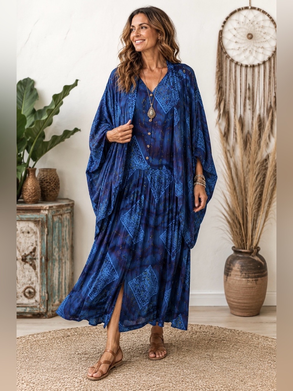 ANA MORI Batik Dropped Waist Dress & Cocoon Jacket OS Hippie Boho Artsy S M L XL